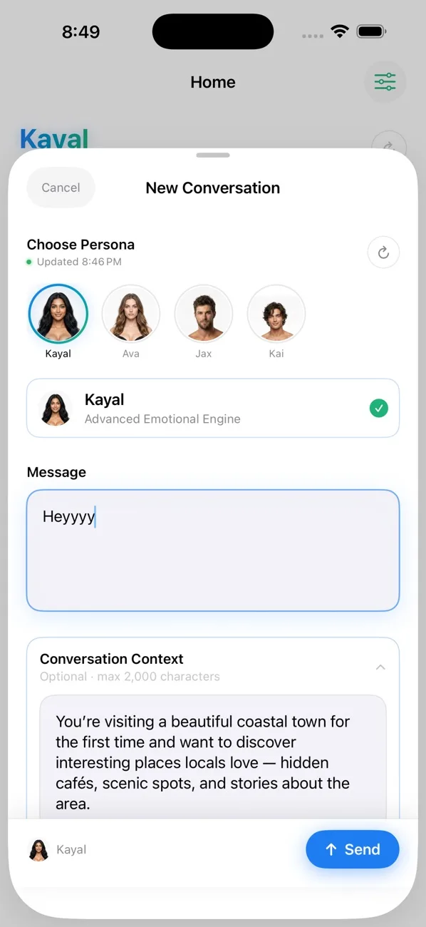 Kayal App Store screenshot showing a new conversation setup