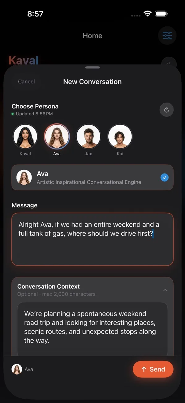 Kayal App Store screenshot showing persona options and prompts