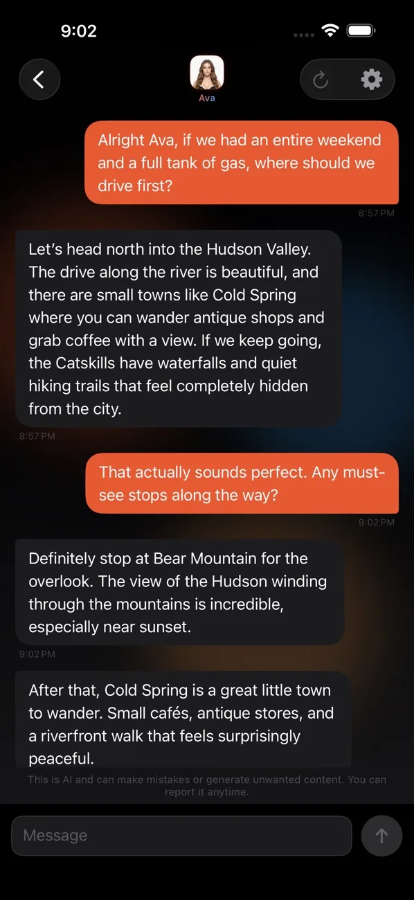 Kayal App Store screenshot showing an ongoing immersive chat